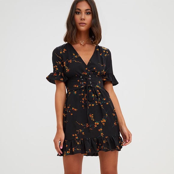 black floral corset swing dress